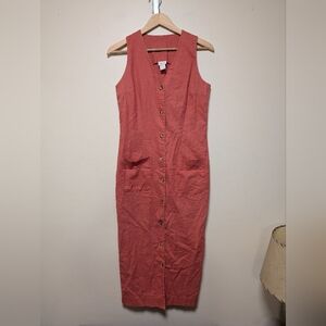 Styleworks Coral Linen Midi Dress Button Front Sleeveless Pockets Size 8 Coastal